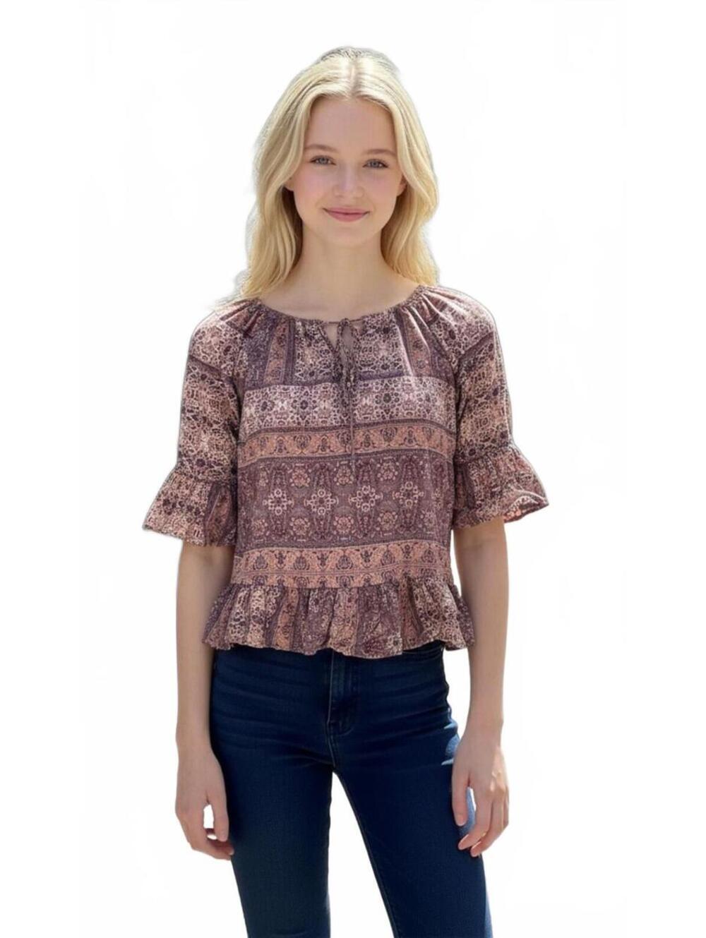 Knox Rose Boho Rayon Printed Ruffle Sleeve Top Size Small